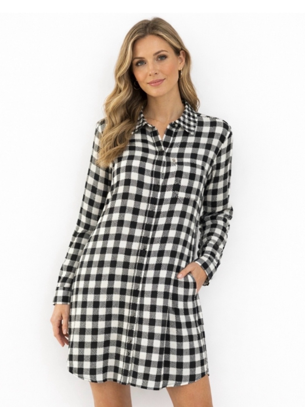 Diane Von Furstenberg Black and Cream Buffalo Check Long-Sleeve Dress